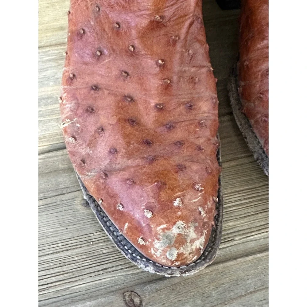VTG El Rey Tony Lama Ostrich Full Quill Western Cowboy Boots Mens 8 Brown